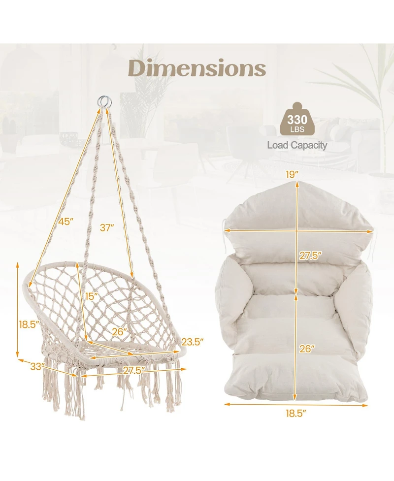 Akiudex Boho Hanging Chair with Thick Cushion and Macrame Details