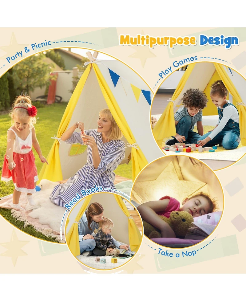 Akiudex Kids Indoor Outdoor Triangular Play Tent with Windows and Hanging Flags, Easy Setup