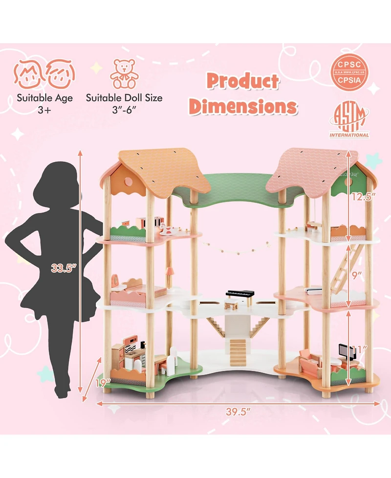 Akiudex 3-Story Wooden Dollhouse with Furniture and Corner Design for Kids Ages 3+
