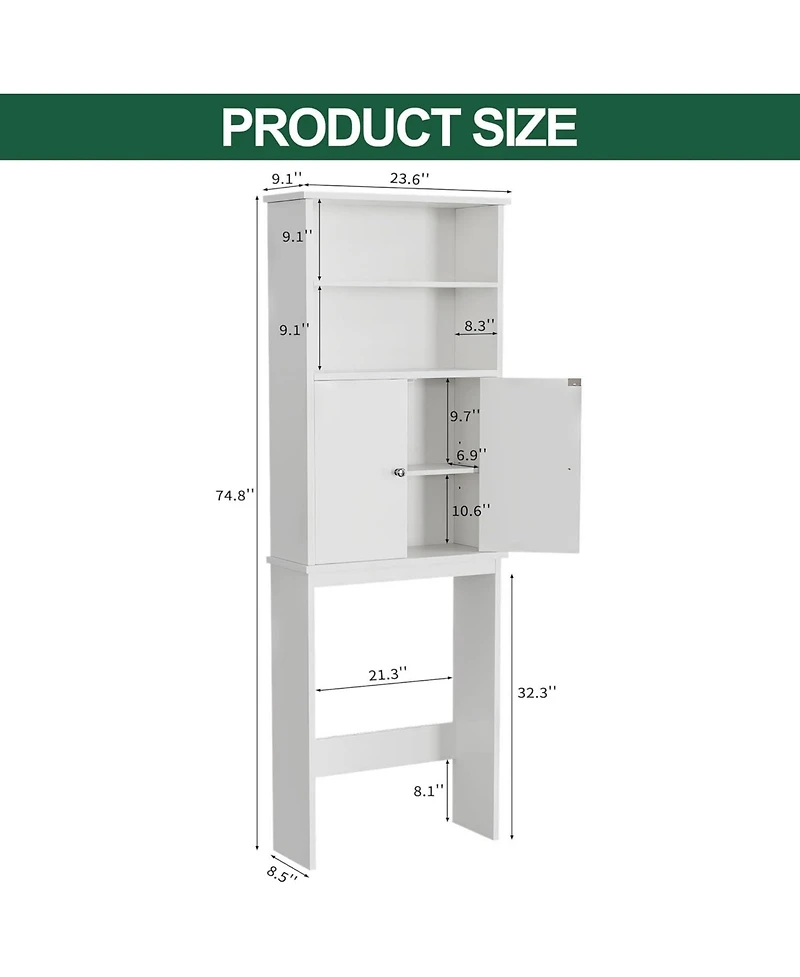 Vanirror Over-Bathroom Storage Cabinet with Double Doors & Adjustable Shelf - White Freestanding Bathroom Organizer with Open Shelf