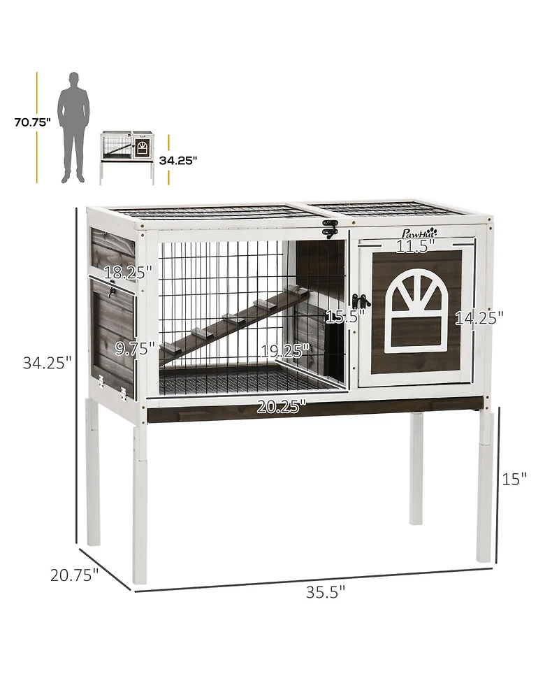 PawHut Wood Rabbit Hutch, Elevated Guinea Pig Cage with Run,