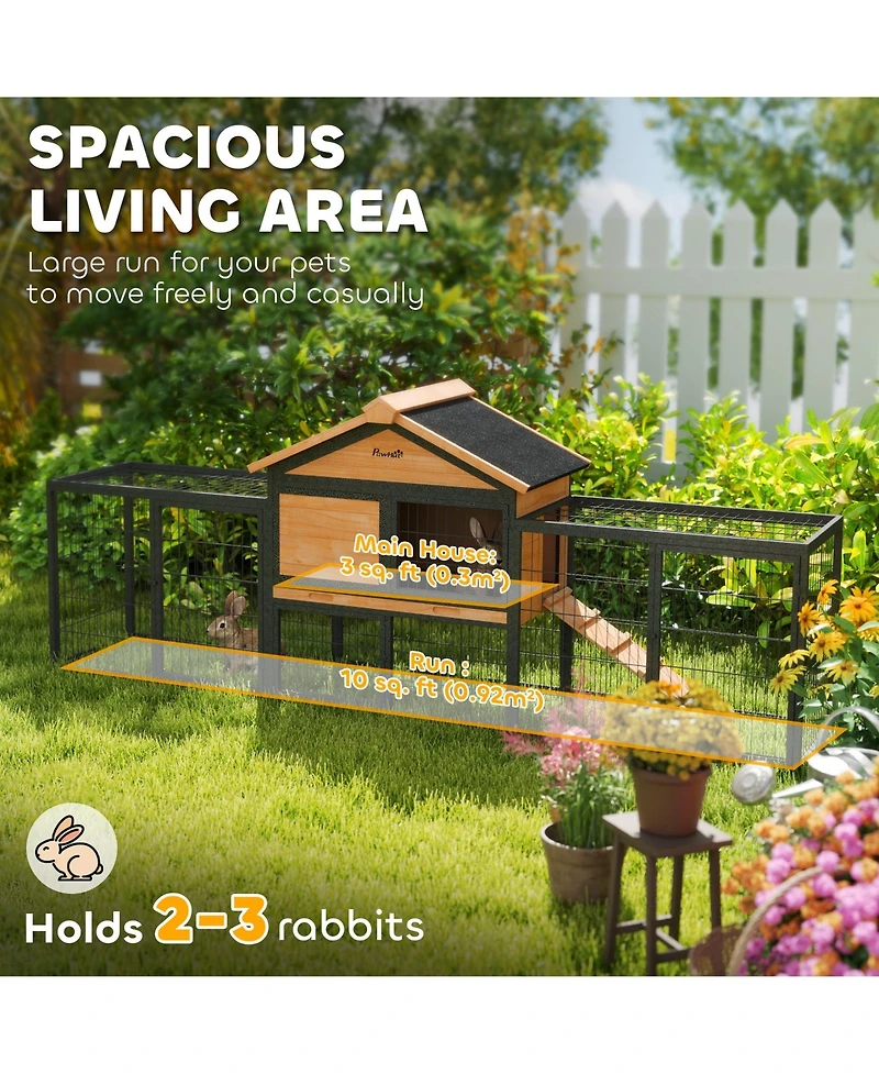 PawHut 85" Rabbit Hutch Outdoor with Steel Run, Removable Plastic Tray