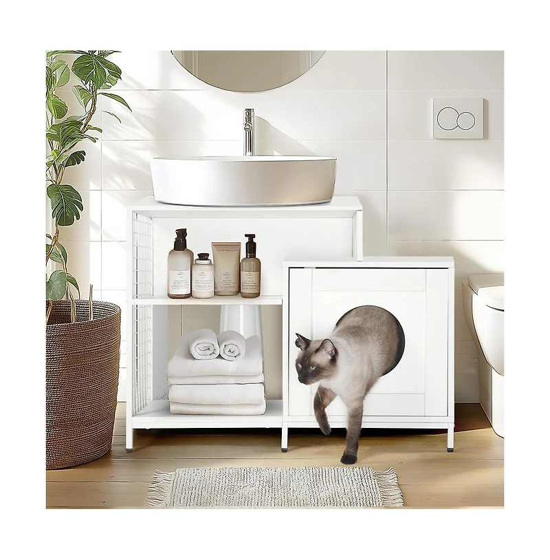 Aostirmotor White Cat Litter Box Enclosure Hidden Litter Washroom with Divider Indoor Large Cats