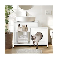 Aostirmotor White Cat Litter Box Enclosure Hidden Litter Washroom with Divider Indoor Large Cats