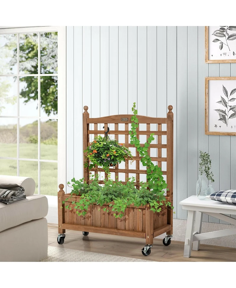 Gymax 2PC 32in Wood Planter Box w/Trellis Mobile Raised Bed for Climbing Plant