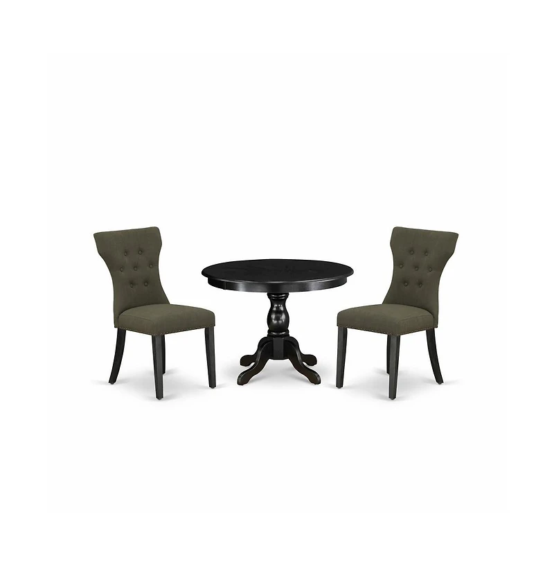 East West Furniture 3 Piece Dining Table Set - Black Wood Table and 2 Dark Gotham Grey Linen Fabric Dining Chairs Button Tufted Back with Nail Heads