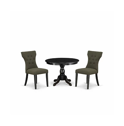 East West Furniture 3 Piece Dining Table Set - Black Wood Table and 2 Dark Gotham Grey Linen Fabric Dining Chairs Button Tufted Back with Nail Heads