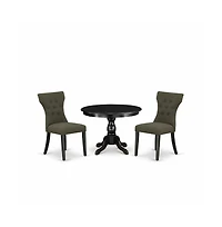 East West Furniture 3 Piece Dining Table Set - Black Wood Table and 2 Dark Gotham Grey Linen Fabric Dining Chairs Button Tufted Back with Nail Heads