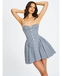 Miss Circle Women Melody Navy Blue Railroad Stripe Halter Drop Waist Mini Dress