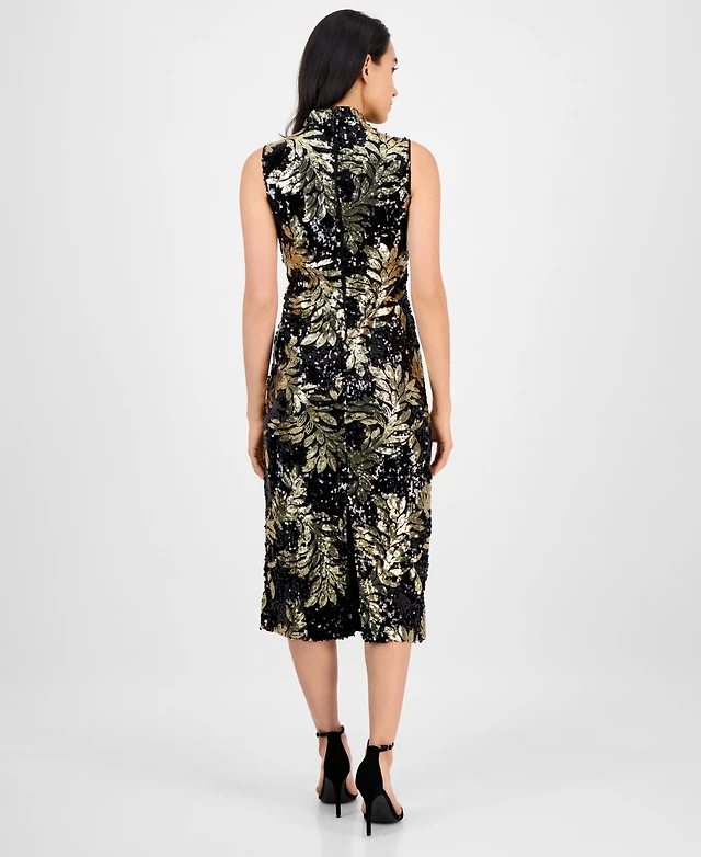 anne klein women's printed mock neck tiered midi dress Anne Klein Tied Mock Neck Tiered Midi Dress