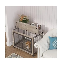Aostirmotor Grey Dog Crate Side Table with Wheels Double Doors and Lift Top
