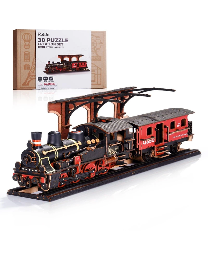 Robotime 3D Puzzles Steam Journey Train Vintage Car Kit Toy Xmas Gift for Boys and Girls, Multicolored, 12.32"9.06"2.36"