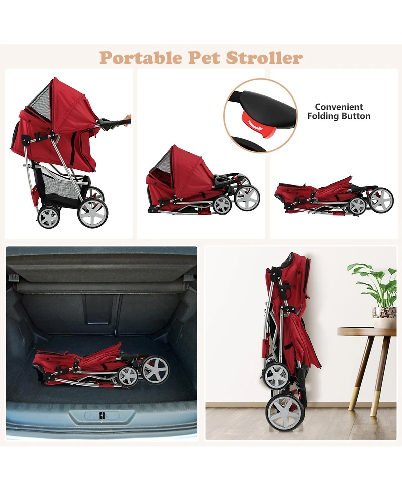 Akiudex Foldable Pet Stroller with Canopy, Storage Basket, and All-Terrain Wheels