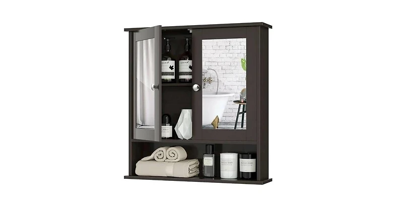Slickblue Wood Bathroom Wall Cabinet with Mirrored Doors and Interior Storage Shelf