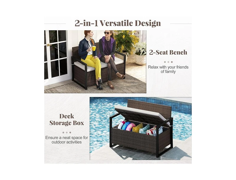 Akiudex 2-in-1 Outdoor Rattan Storage Bench with Cushion and 40 Gallon Capacity