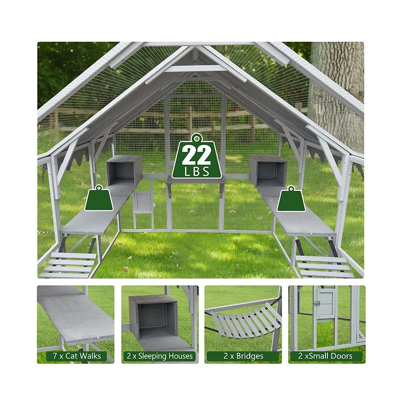 Aostirmotor 110 in. Outdoor Cat House Cat Enclosures with Platforms Upgrade Waterproof Cover in Gray White