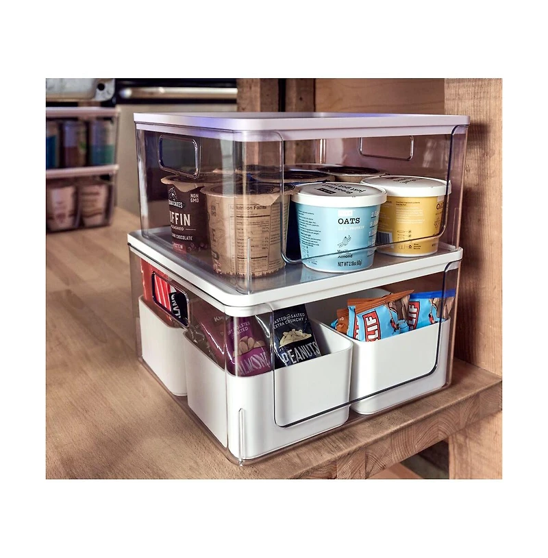 iDesign Stackable Open-Front Bins with Lid, Set of 3, Clear/White