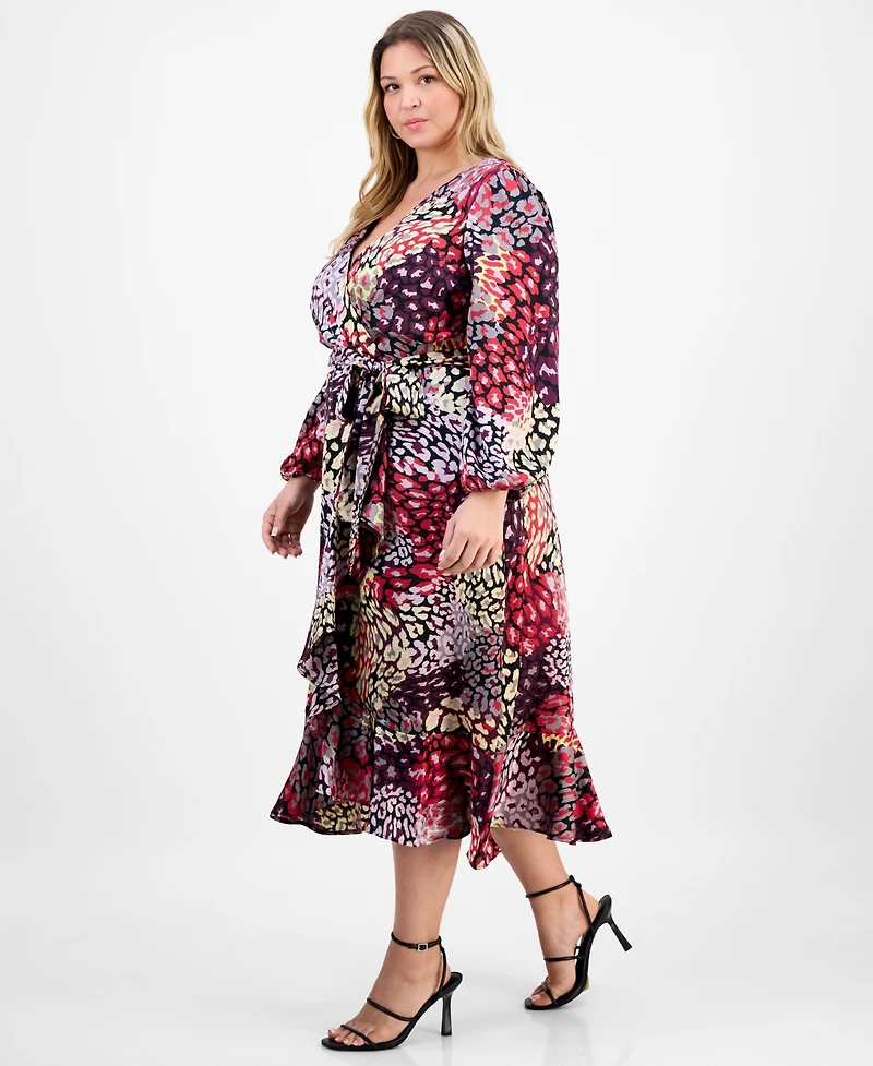 Tahari Asl Plus Ruffle Hem Printed Faux-Wrap Dress