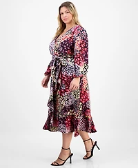 Tahari Asl Plus Ruffle Hem Printed Faux-Wrap Dress