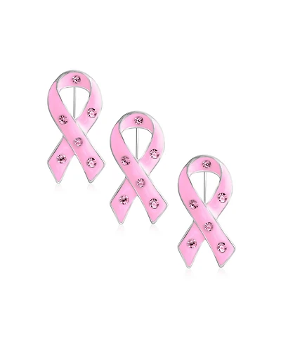 Bling Jewelry Set of 3 Crystal Enamel Pink Ribbon Breast Cancer Survivor Brooch Pin Silver