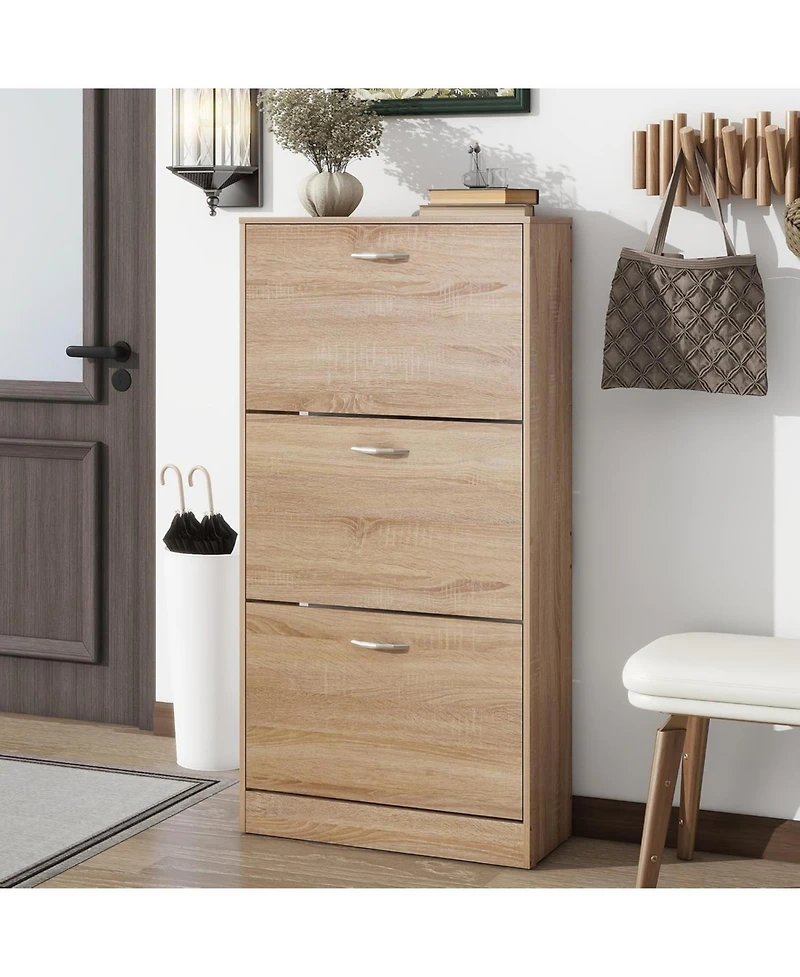 Vanirror 3 Drawer Shoe Storage Cabinet, 3 Tier Wood Shoe Rack Storage Organizer for Entryway