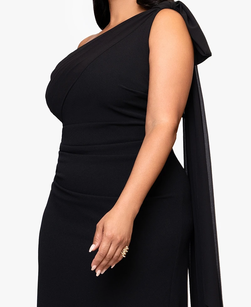 Xscape Plus-Size One-Shoulder Sash Gown