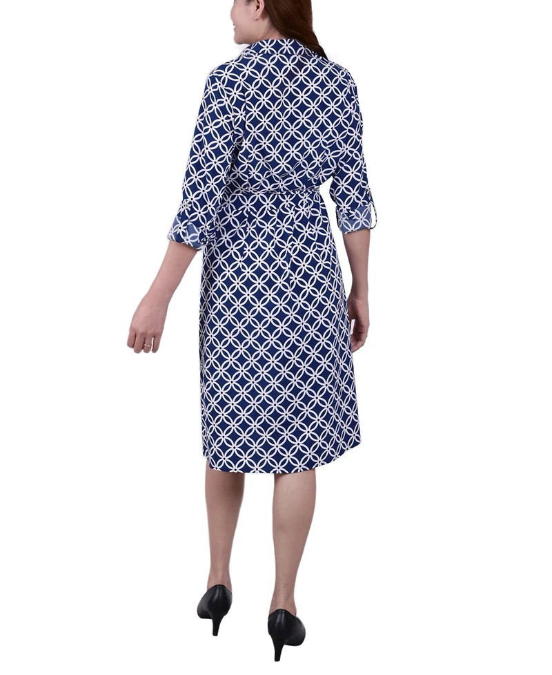 Ny Collection Petite Geometric Printed Long Sleeve Roll Tab Shirtdress