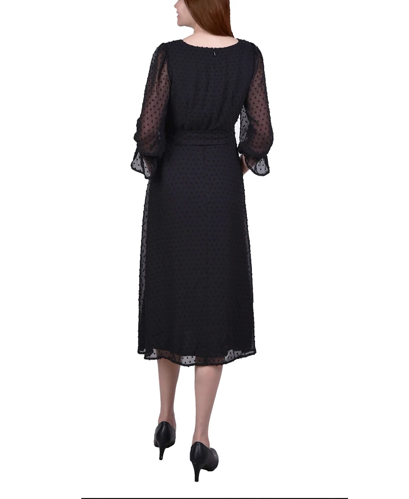 Ny Collection Petite 3/4 Sleeve Belted Swiss Dot Dress