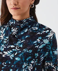 Ella Rafaella Women's Shadow Damask Print Ruched Mock Neck Long Sleeve Top