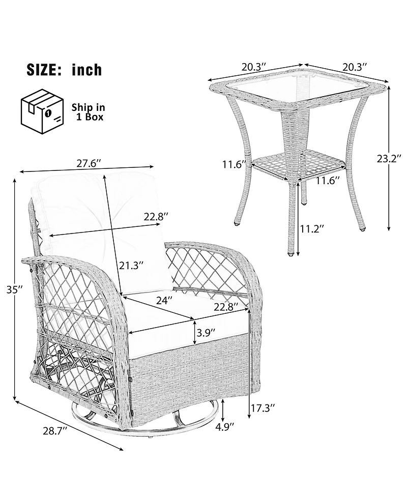 Flynama 3-piece Outdoor Chair&Table Set Chat Set 2-person Rattan Seating Group with Two Swiveling and Rocking Chairs and a Square Table for Garden, Pa