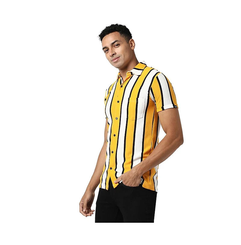 Campus Sutra Men's Yellow Striped Regular Fit Casual Shirt