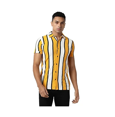 Campus Sutra Men's Yellow Striped Regular Fit Casual Shirt