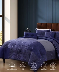 Bebejan Blue Denim Patchwork Bedding 100% Cotton Sateen 5 Piece Queen Size Reversible Comforter Set