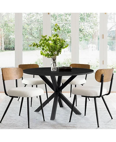 Maison Boucle Modern Black Pedestal Dining Table with 4 Boucle Chairs, Mdf Top, Stylish Kitchen and Dining Room Set for Home-Maison Boucle
