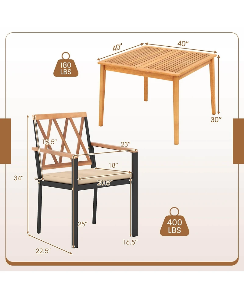Gymax Set Of 5 Patio Acacia Wood Dining Set w/ Soft Seat Cushions Umbrella Hole for Yard