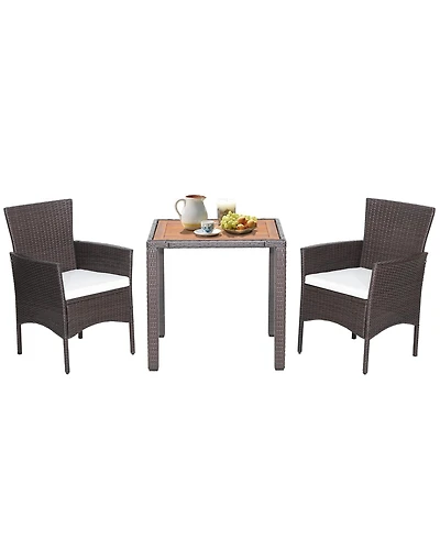 Gymax Set of 3 Wicker Dining Set Acacia Wood Table Top W/ Cushioned Chairs Patio Garden
