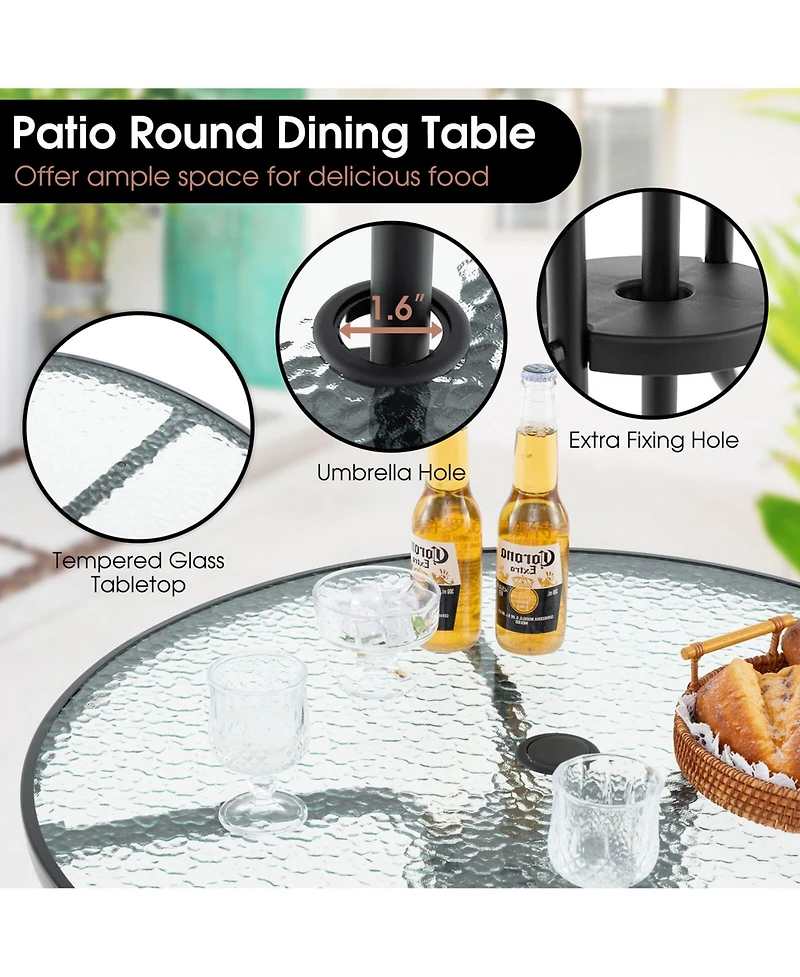 Gymax 6 Pcs Patio Dining Set w/ Umbrella 4 Folding Patio Chairs w/ Round Tempered Glass Table