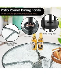 Gymax 6 Pcs Patio Dining Set w/ Umbrella 4 Folding Patio Chairs w/ Round Tempered Glass Table