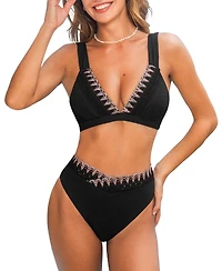 Women's Deep V-Neck Stitching Back Hook Bikini Sets