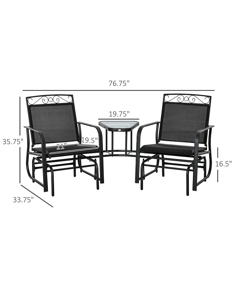 Flynama Outdoor Glider Chairs with Coffee Table, Patio 2-Seat Rocking Chair Swing with Breathable Sling for Backyard, Garden and Porch, Black