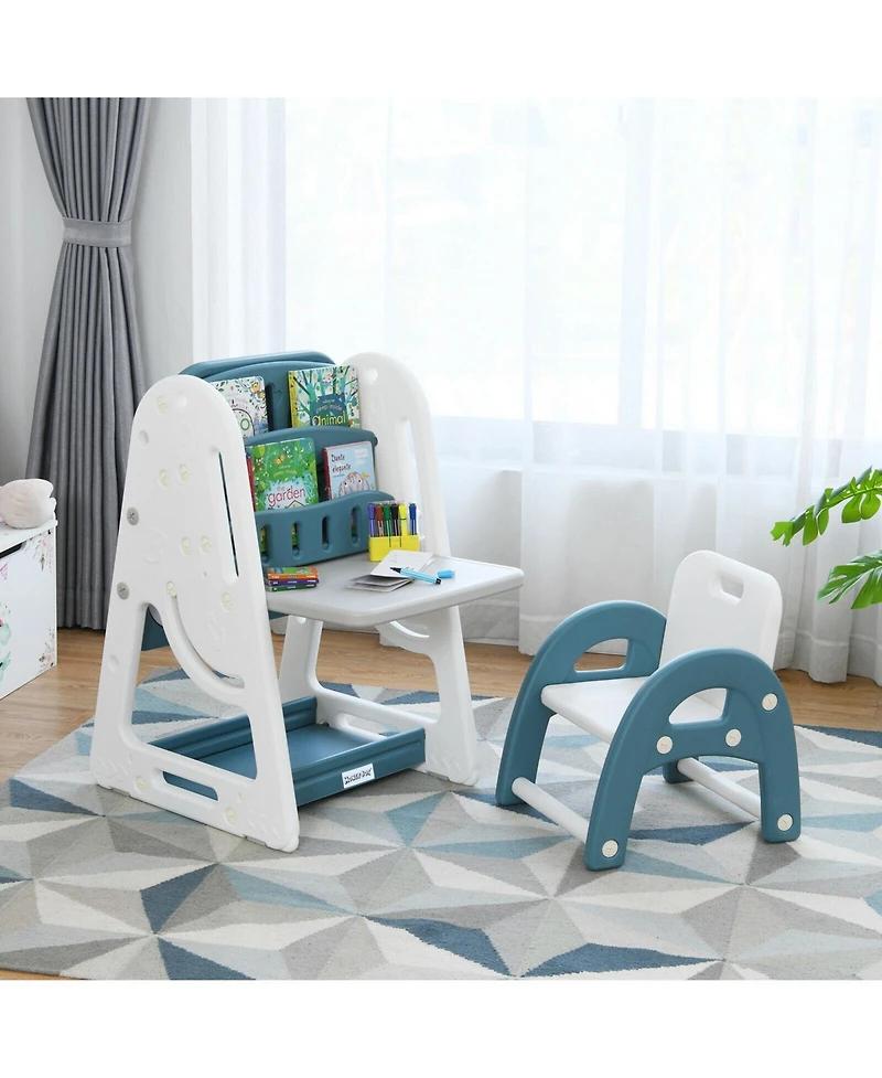 2-in-1 Kids Easel Desk Chair Set with Book Rack and Adjustable Art Painting Board