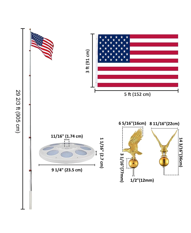Yescom Ez Go 30ft Eagle Topper Telescopic Flag Pole Kit Solar Light Outside 3x5' Us Flag Ball Top