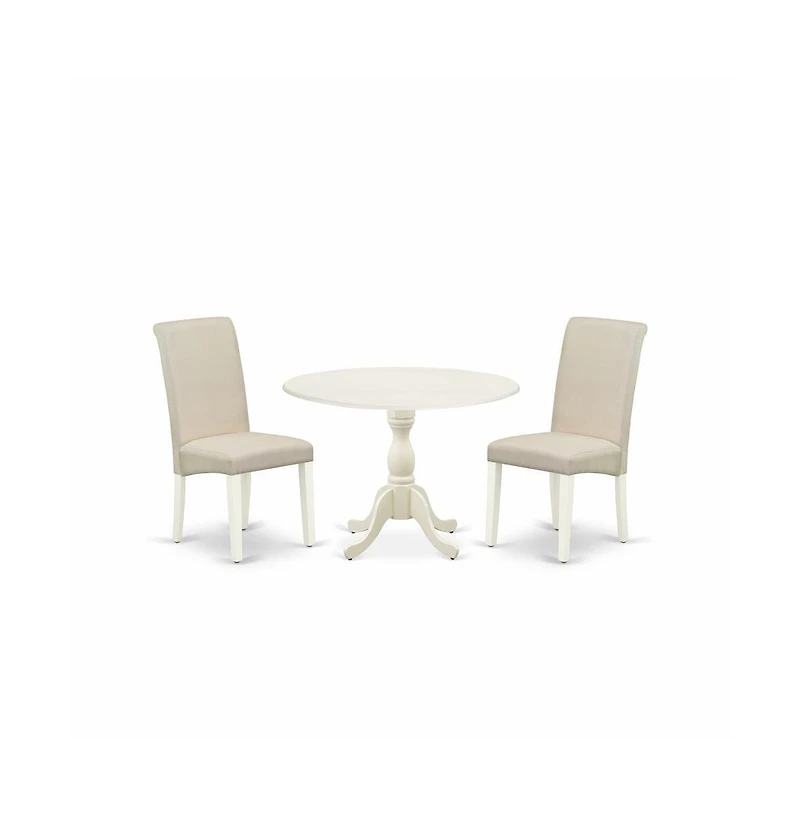 East West Furniture 3 Piece Dinning Room Table Set Contains 1 Drop Leaves Dining Table and 2 Cream Linen Fabric Upholstered Chair with High Back