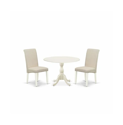 East West Furniture 3 Piece Dinning Room Table Set Contains 1 Drop Leaves Dining Table and 2 Cream Linen Fabric Upholstered Chair with High Back