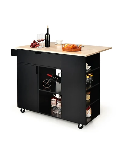 Gymax Kitchen Island Cart Rolling Serving Trolley w/ Drop Leaf Spice Rack Shelves