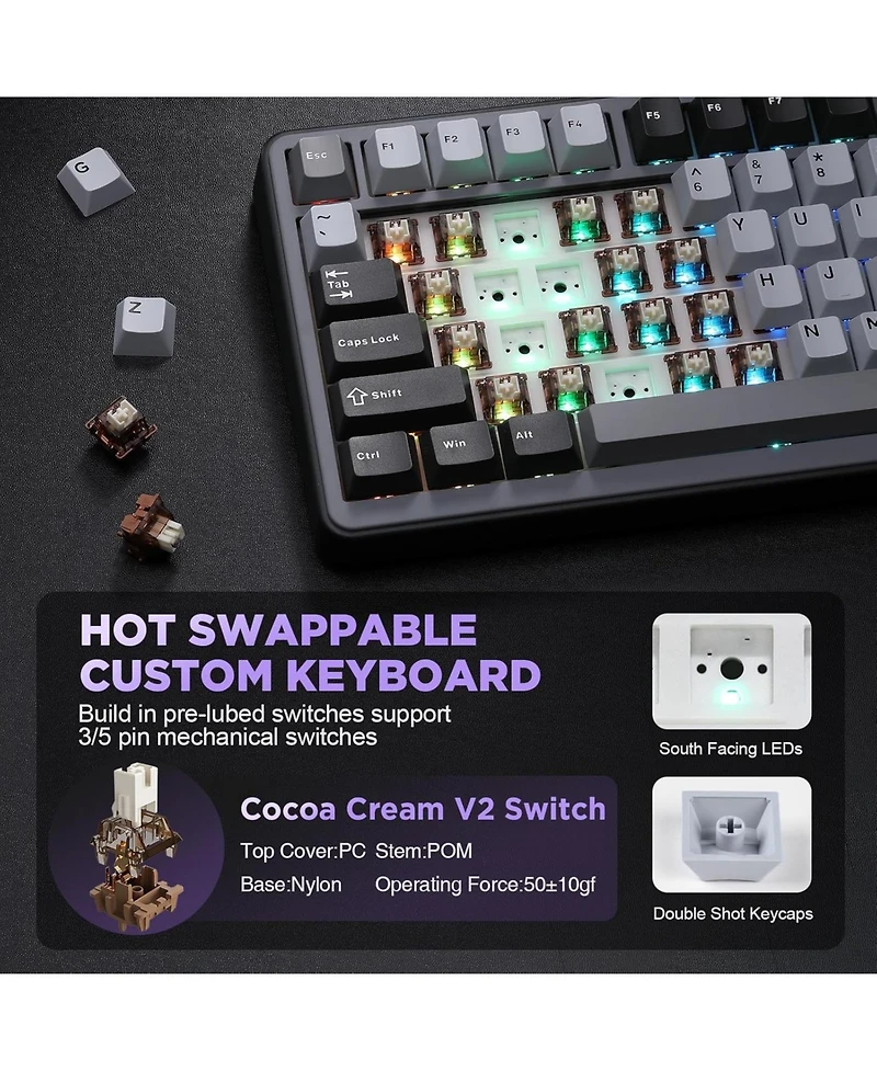 Yunzii B75 Mechanical Keyboard,75% Layout with Knob,Hot Swappable Rgb Backlit Gasket Mounted,Creamy Typing,Double-Shot Pbt Keycaps,Cherry Profile,for