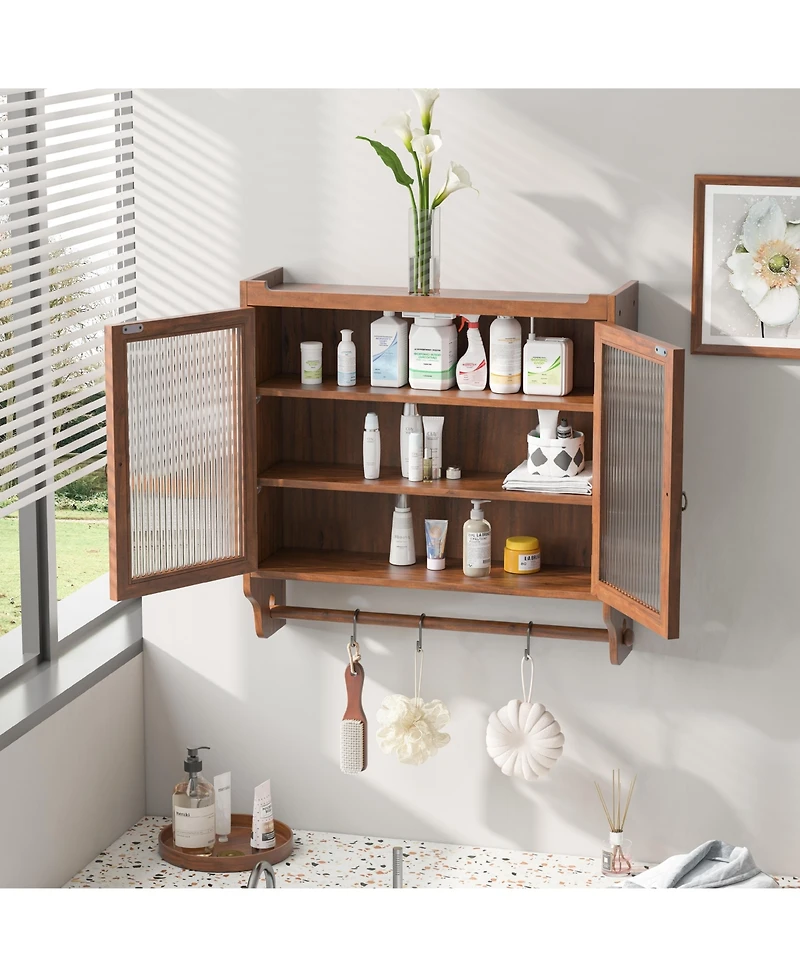 Casainc 24.8" Vintage Double Door Wall Cabinet With Glass Doors, 3 Tiers and Towel Rack