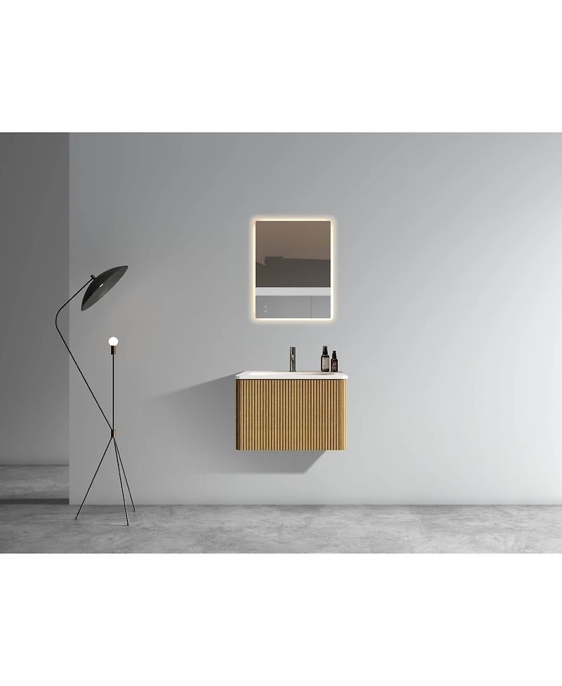 Casainc Etna 24" Floating Vanity With Ceramic Sink and Striped Oak Finish, Pre-Assembled
