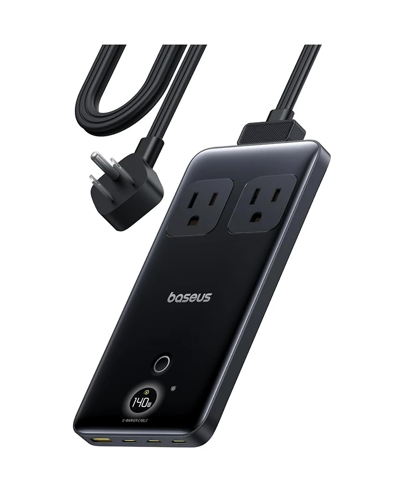 Baseus Blade Charging Station 140W, 6-in-1 Compact Usb C Power Strip with 5ft Detachable Flat Extension Cord, Digital Display, Slim Fast Desktop Charg