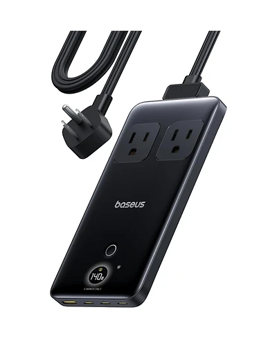 Baseus Blade Charging Station 140W, 6-in-1 Compact Usb C Power Strip with 5ft Detachable Flat Extension Cord, Digital Display, Slim Fast Desktop Charg